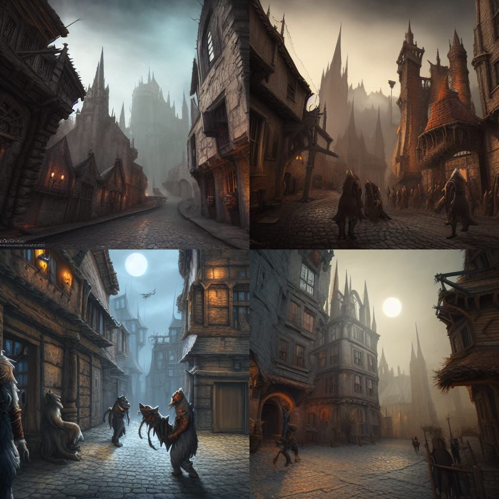 Werewolf Pack Roams Medieval Streets: Fantasy Concept Art