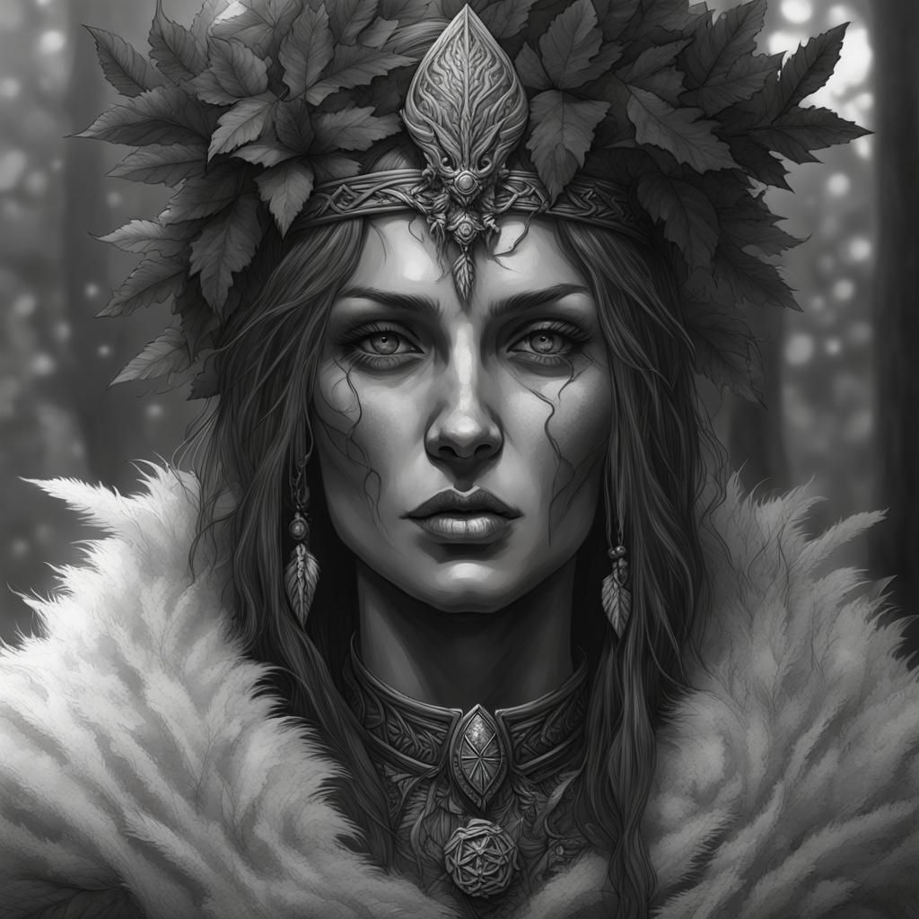 Druid Woman Portrait in Black and White