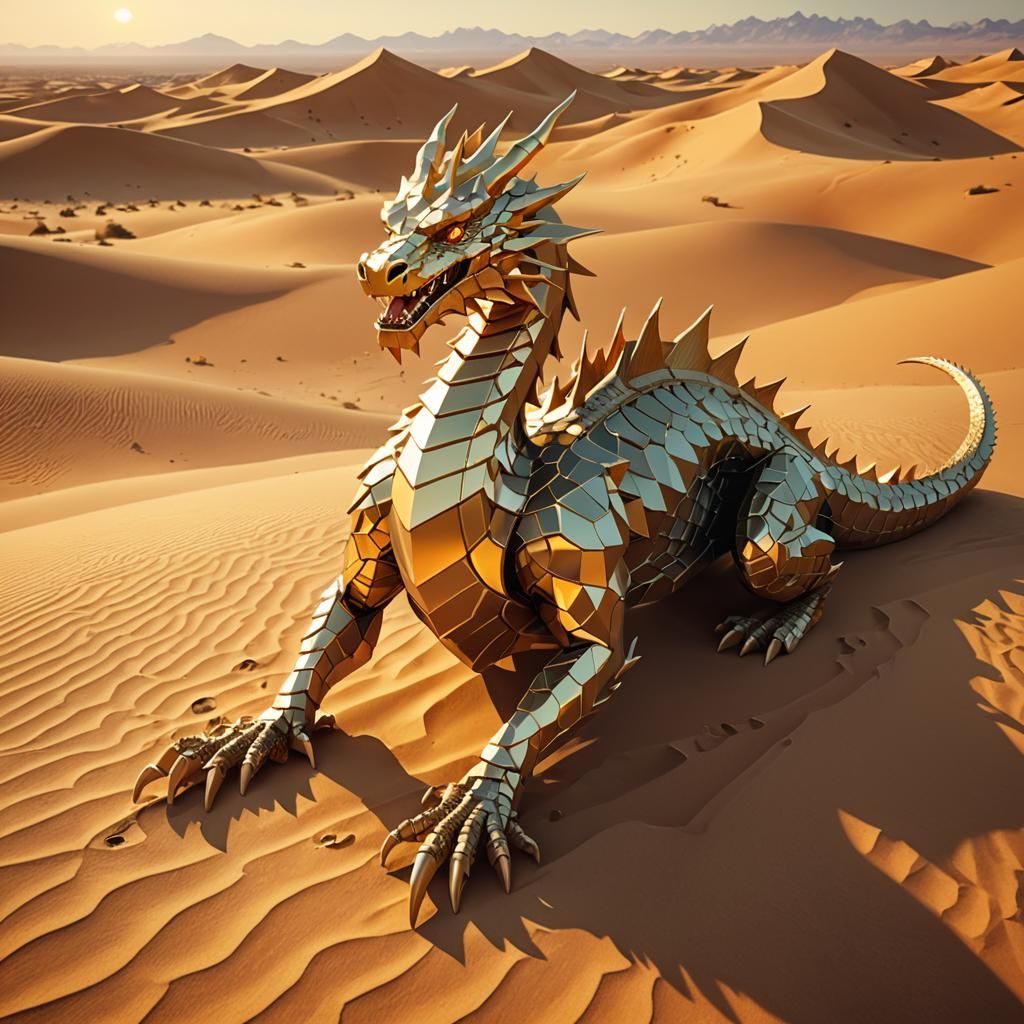 Golden Metallic Dragon in Desert, Low-Poly Art