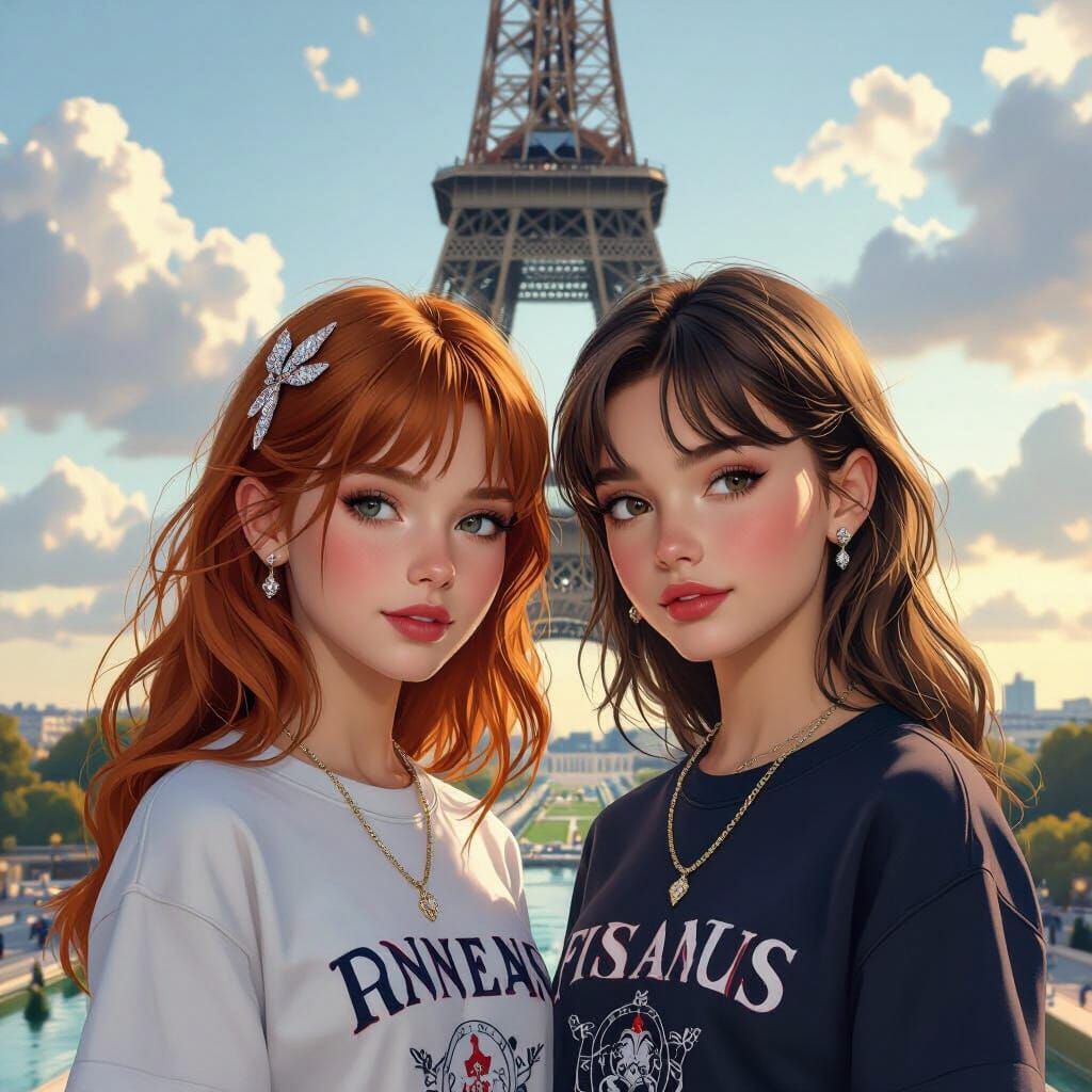 Two Girls Pose with Eiffel Tower in Concept Art Style