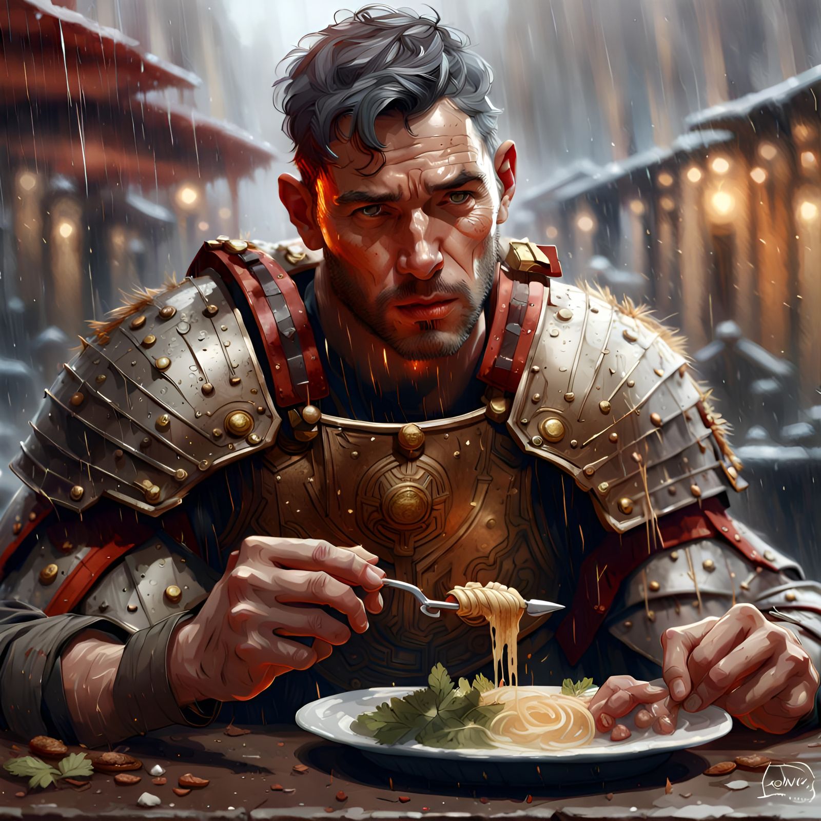 Roman Soldier's Rainy Day Ramen, Digital Art