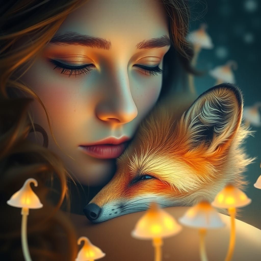 Ethereal Woman and Fox Portrait in Digital Watercolor