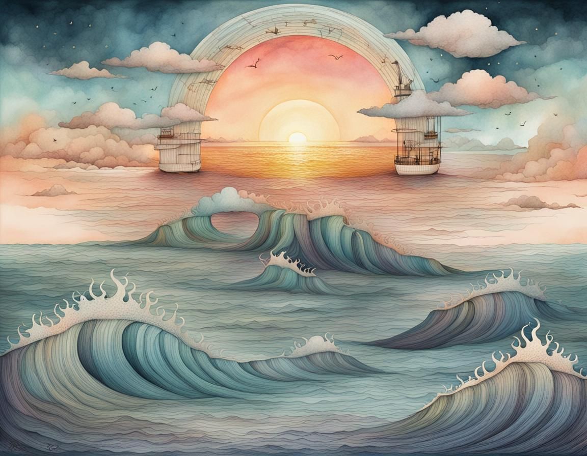 Pop Surrealism Sunrise Over Vast Ocean