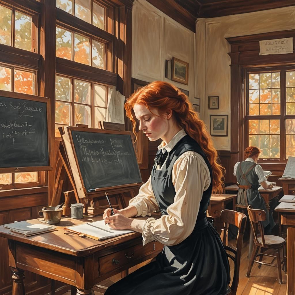 Redhead Teaching in Old Schoolhouse, Gouache Painting