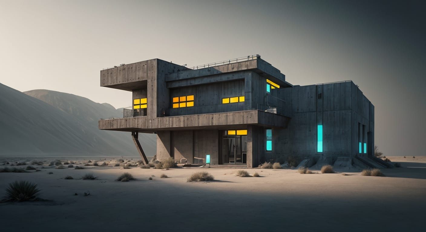 Brutalist Monument in Desert Dunes with Primary Colors
