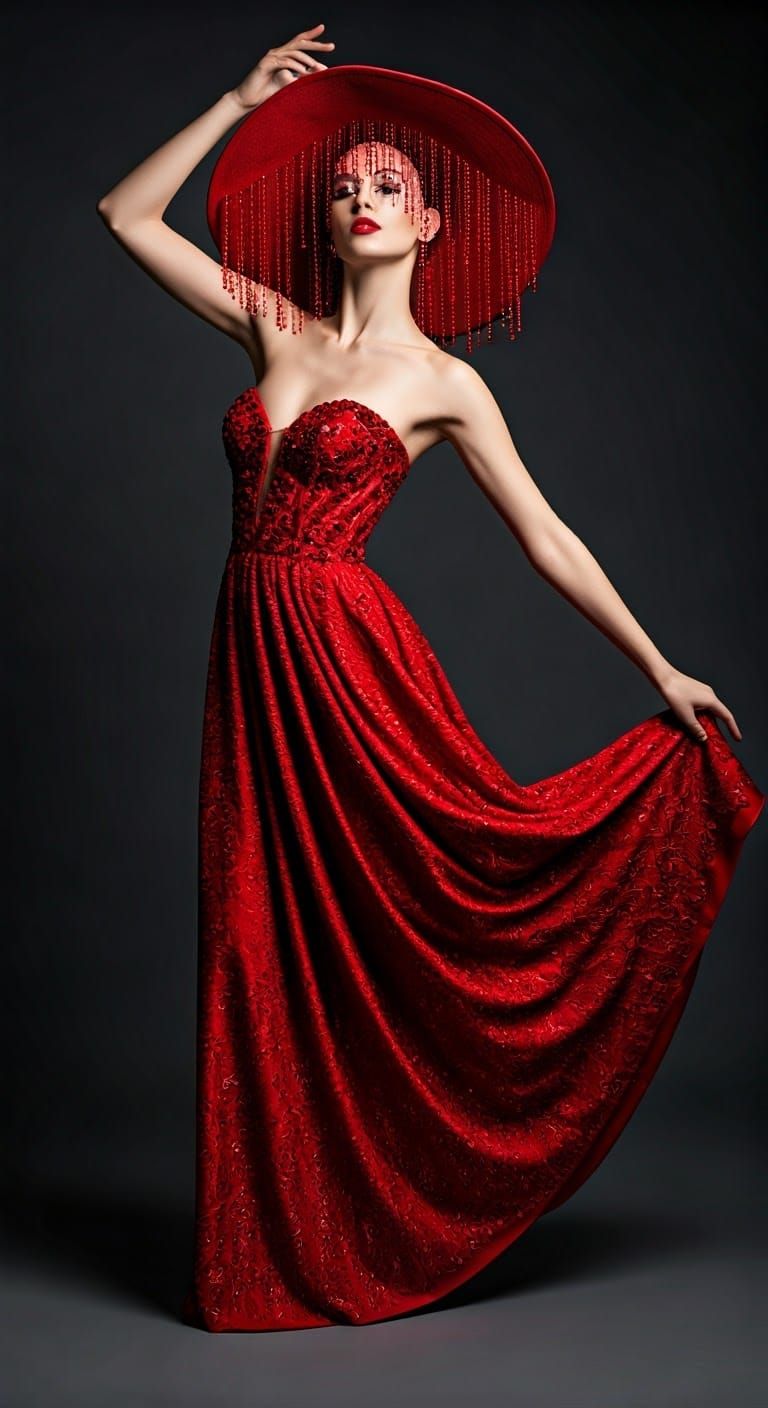 Elegant Woman in Red Gown, Photorealistic Fashion