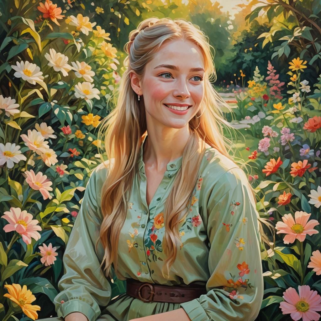 Smiling Woman in Garden: Oil Painting in Gurney Style