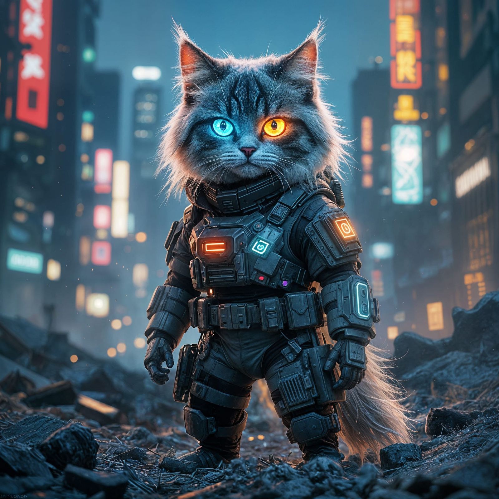 Cyberpunk Ragdoll Cat Warrior in Neon City