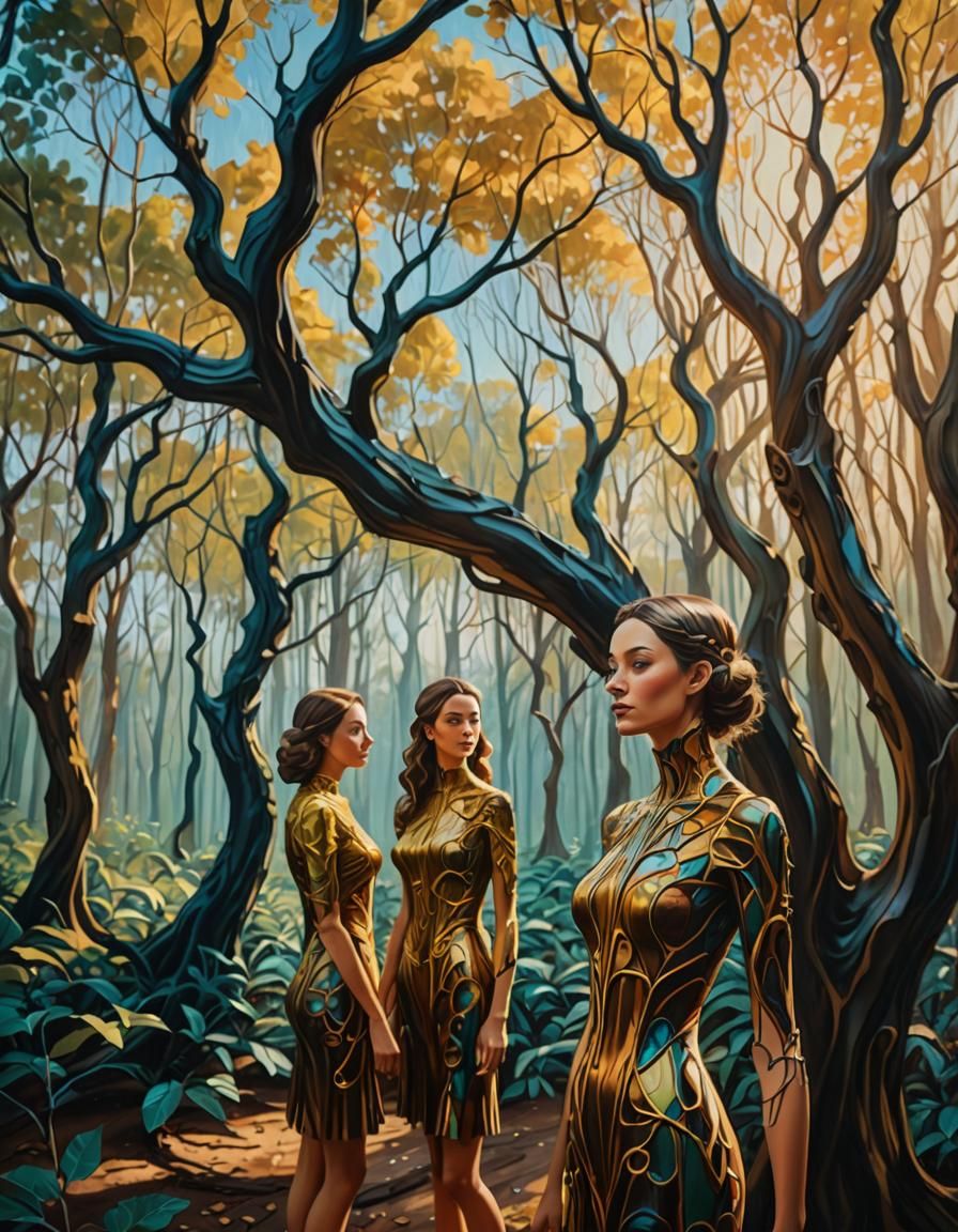 Wooden Girls in Sunlit Forest: Surreal Oil Painting