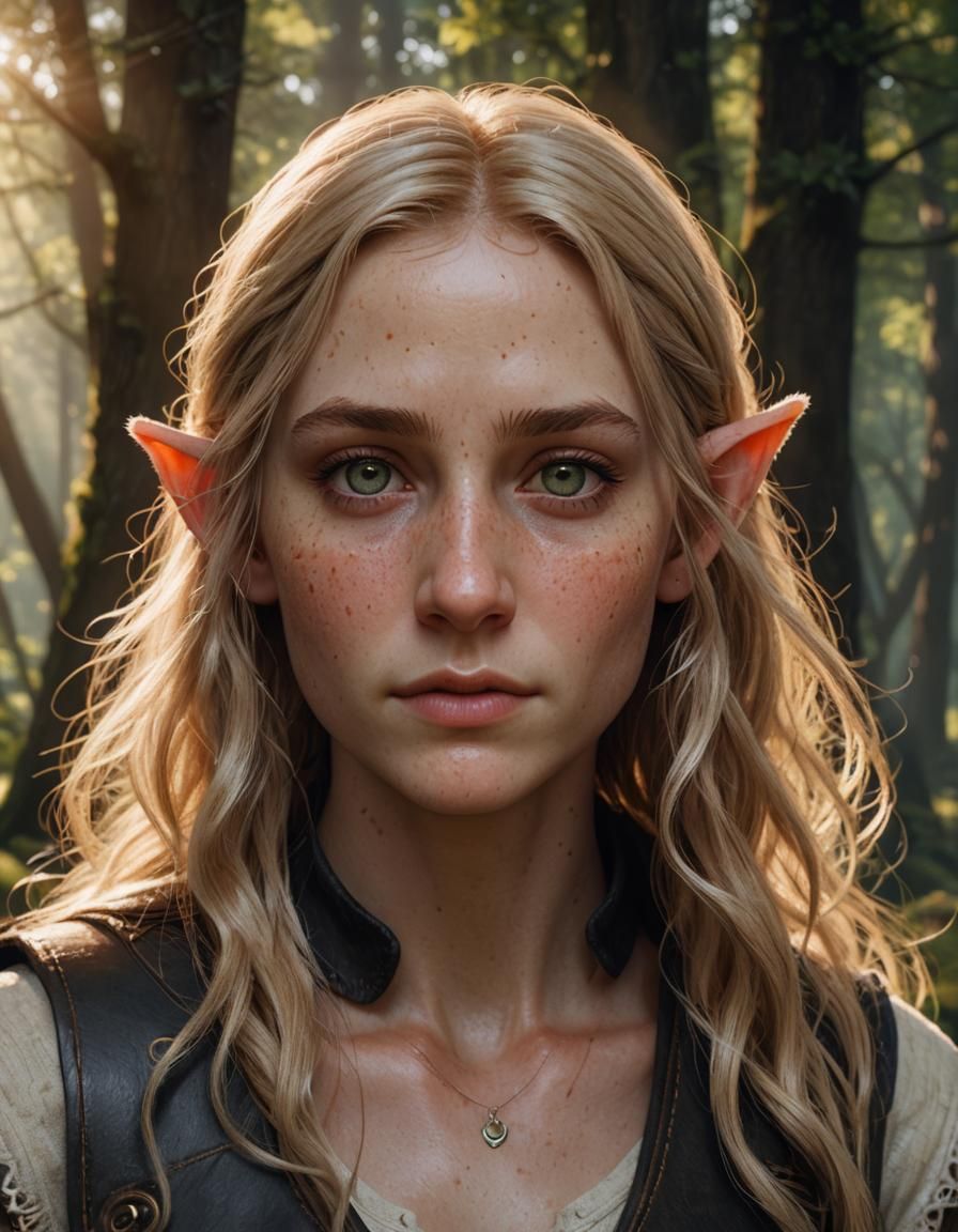 Hyperrealistic Elf Witch Portrait in Forest Sunlight