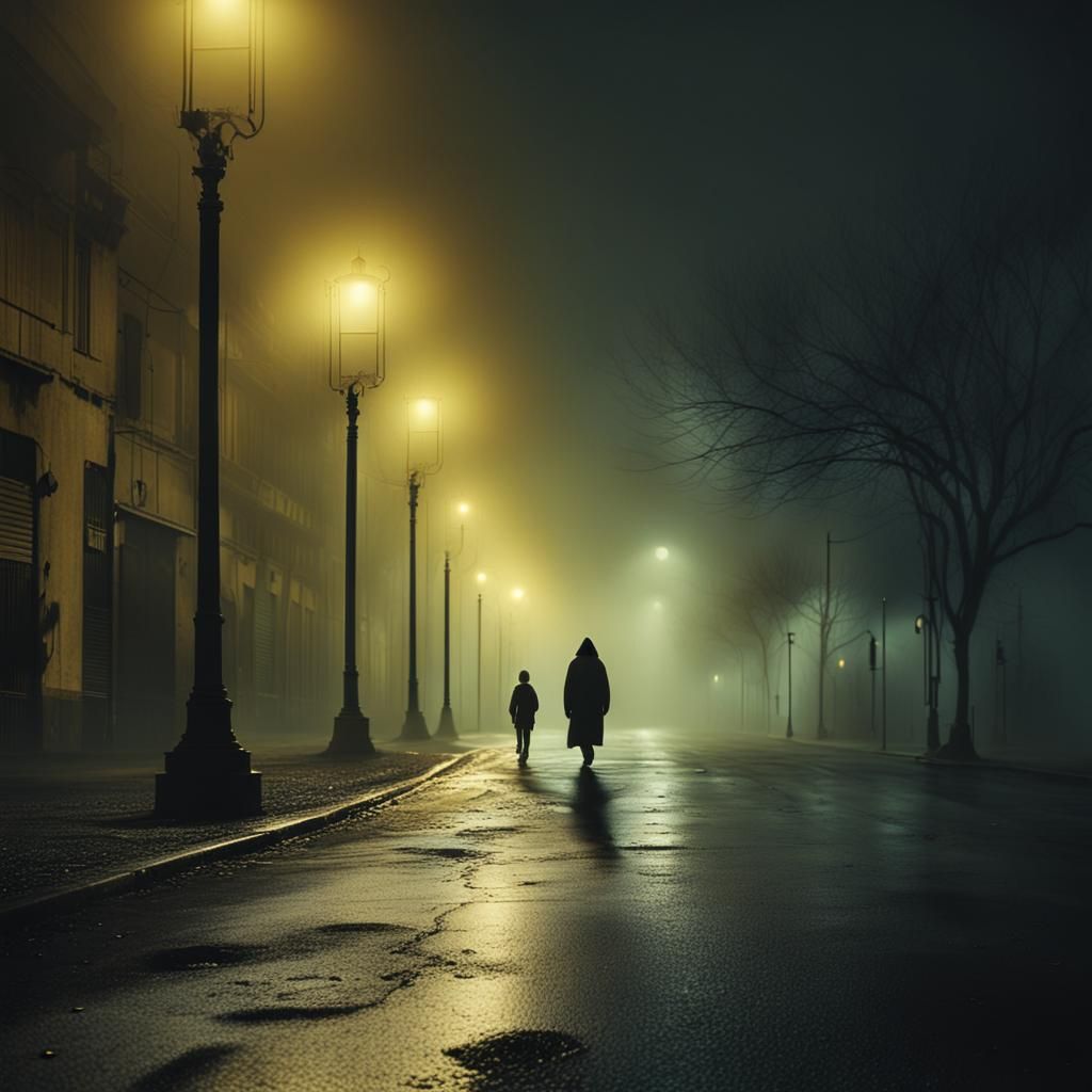 Long empty street with lone figure under the street lamps