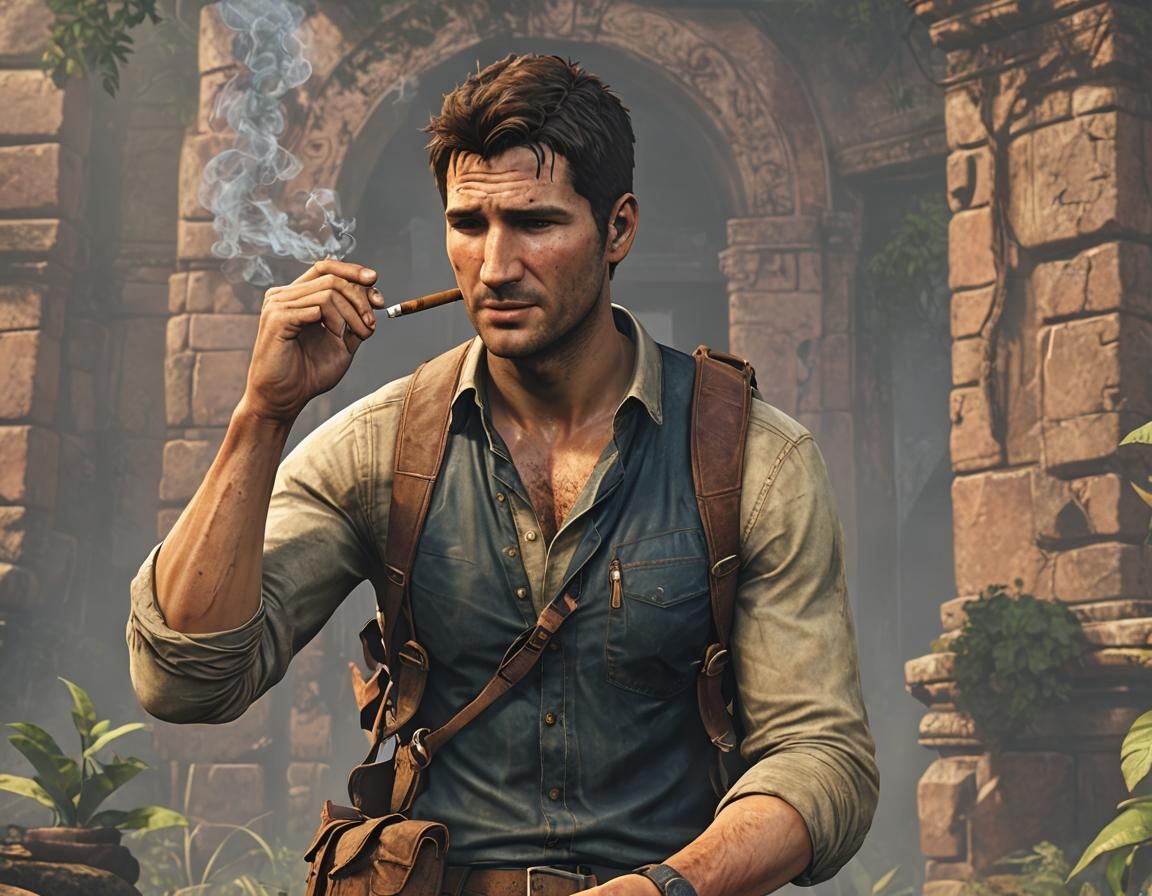 Nathan Drake smoking a blunt
