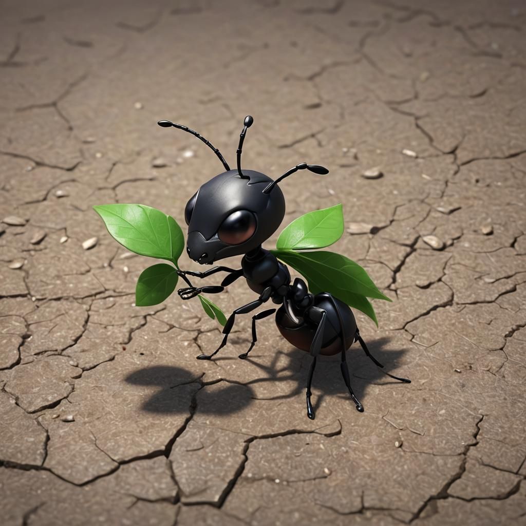 Ant Carrying Leaf in 3D Anime Style
