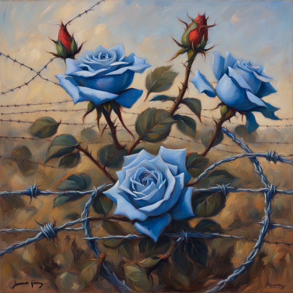 Blue Roses and Barbed Wire: Oil Painting