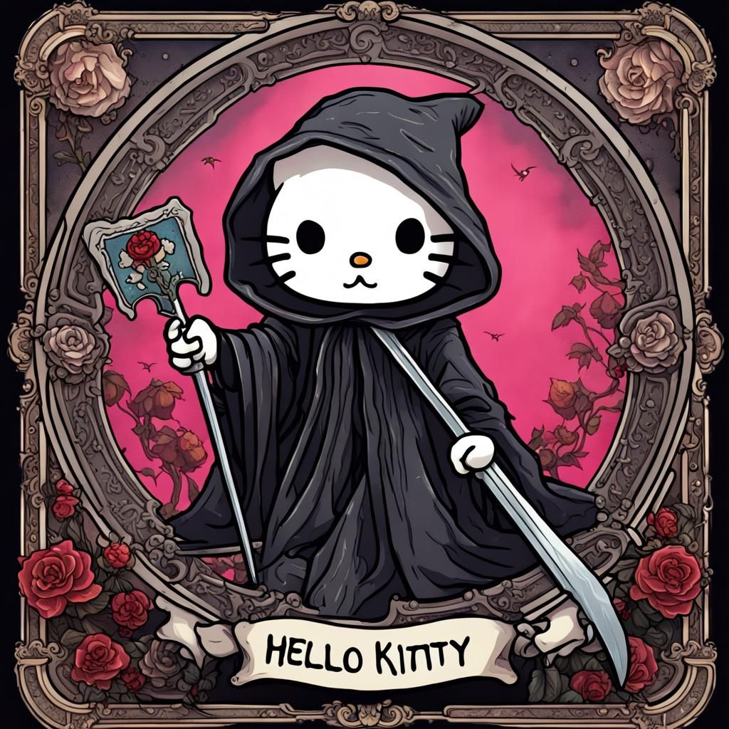 Kawaii Hello Kitty Grim Reaper Tarot Card