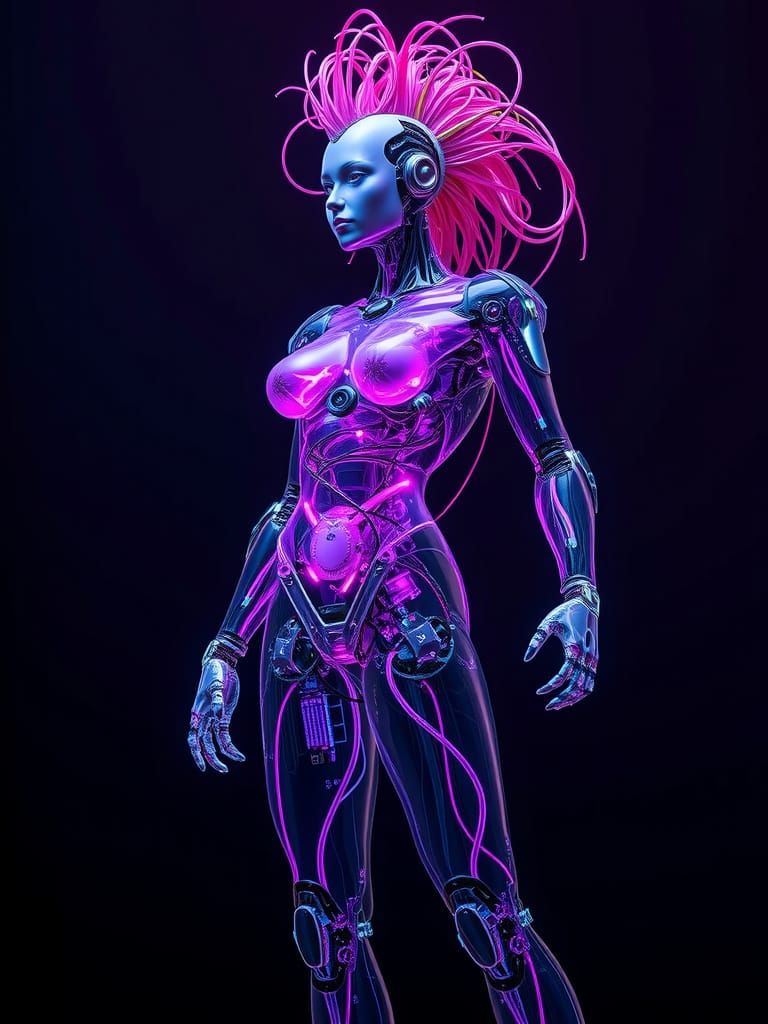 Glowing Futuristic Robot Goddess in Industrial Futurism Styl...
