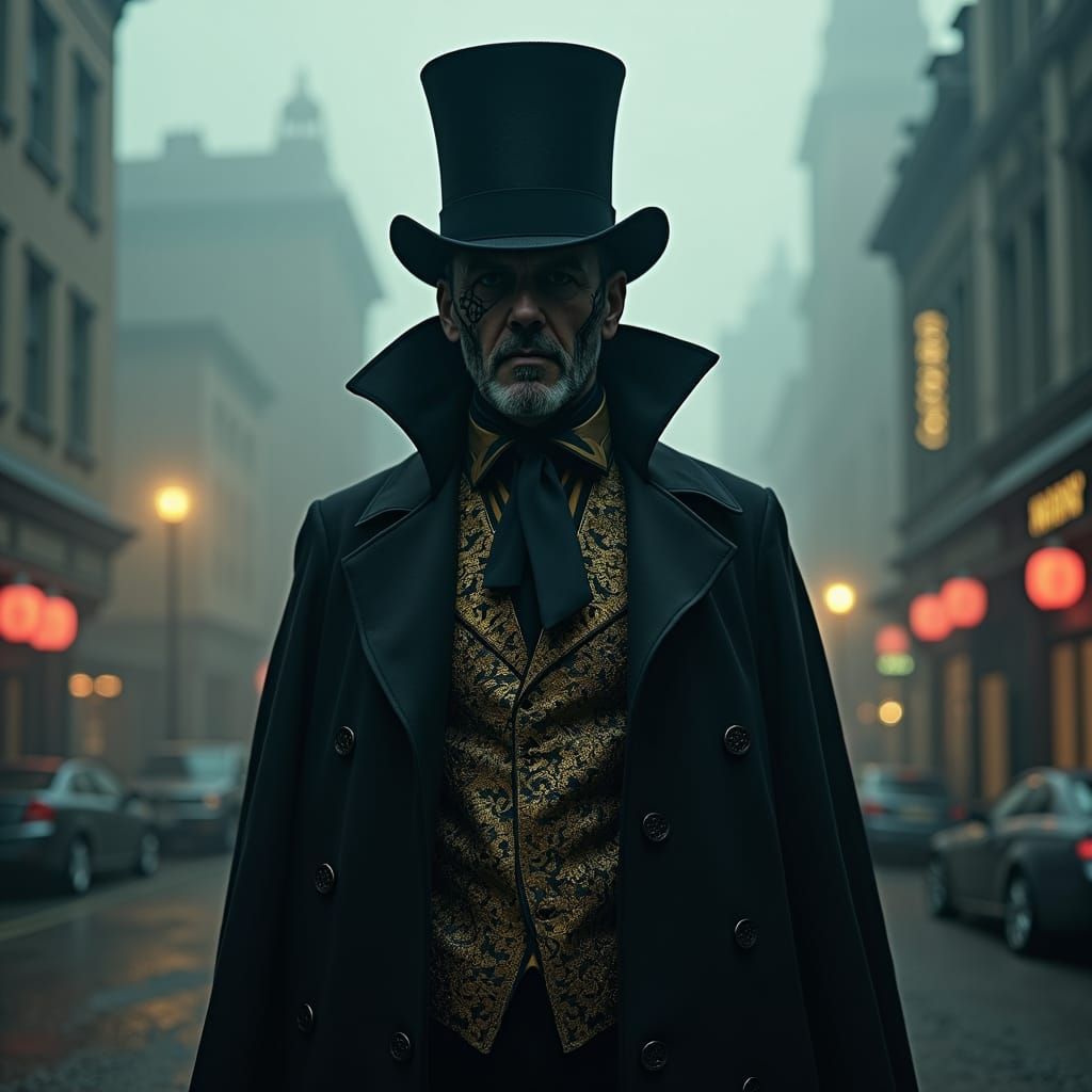 Victorian Gentleman in Foggy Cityscape, Biomechanical Art