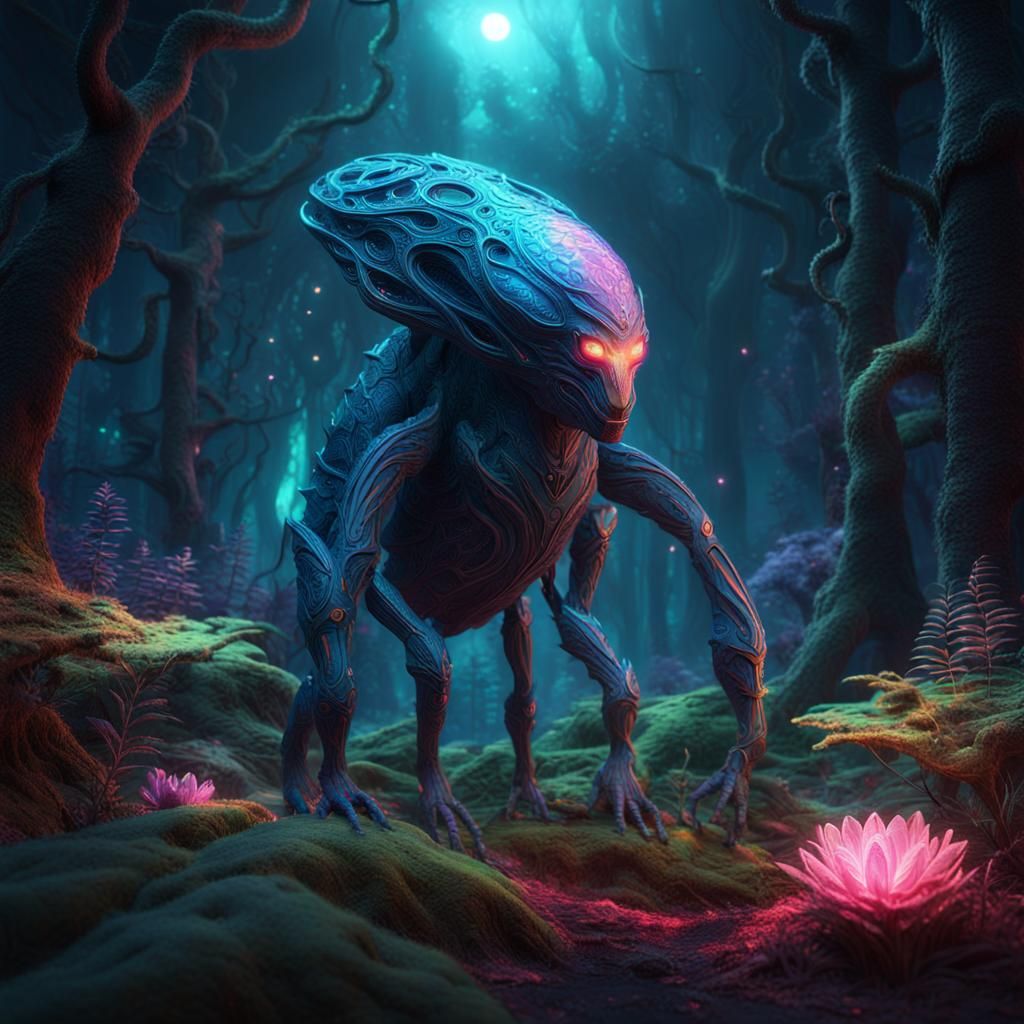 Alien Creature in Glowing Forest: Digital Matte Painting