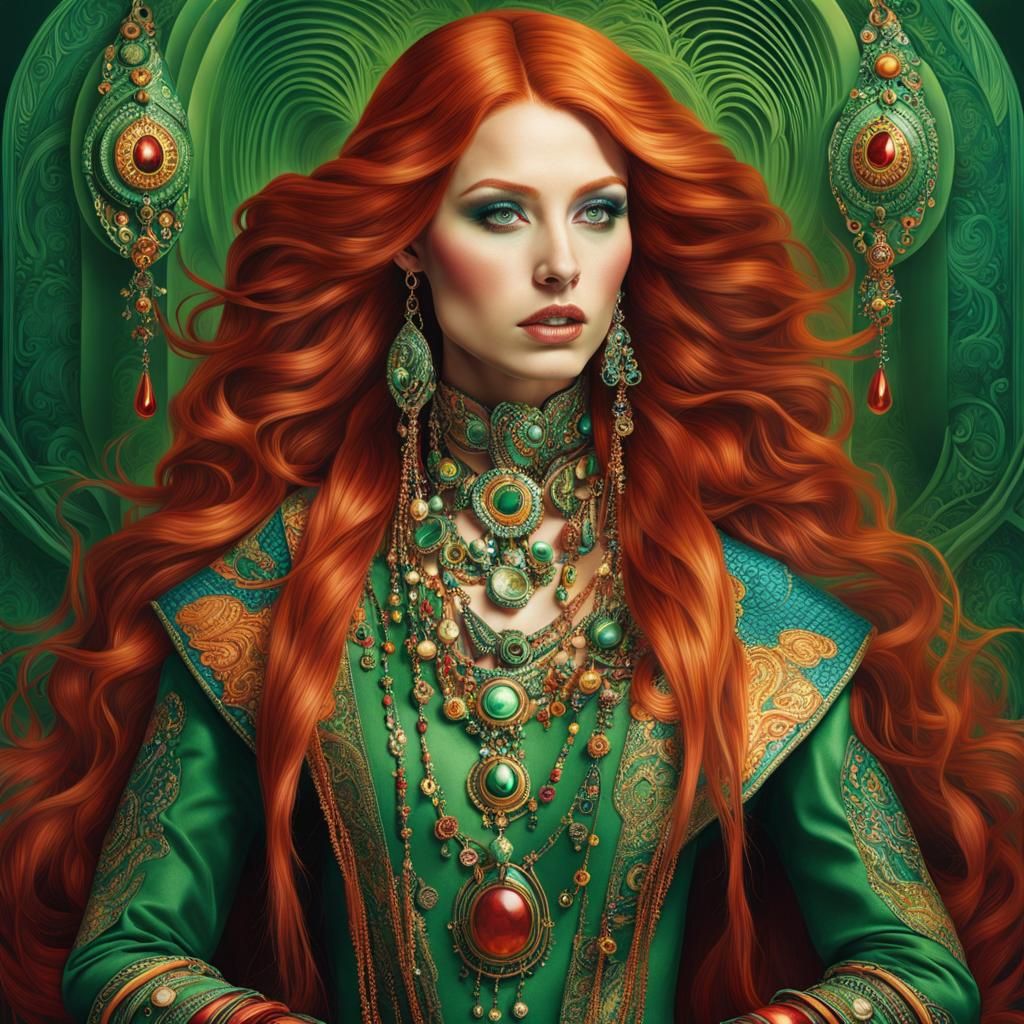 Surreal Portrait: Woman with Red Hair and Futuristic Jewelry
