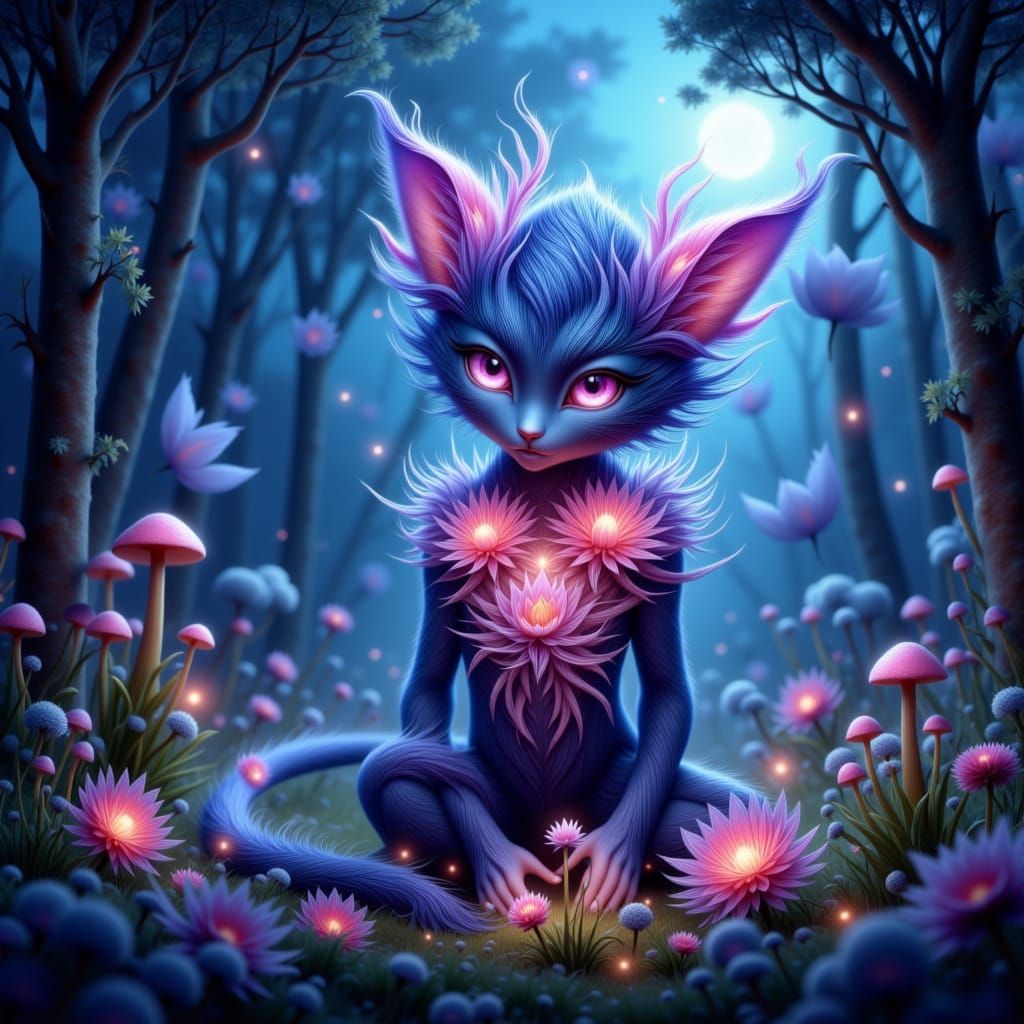 Kitten-Flower Hybrid Creature in Mystical Forest