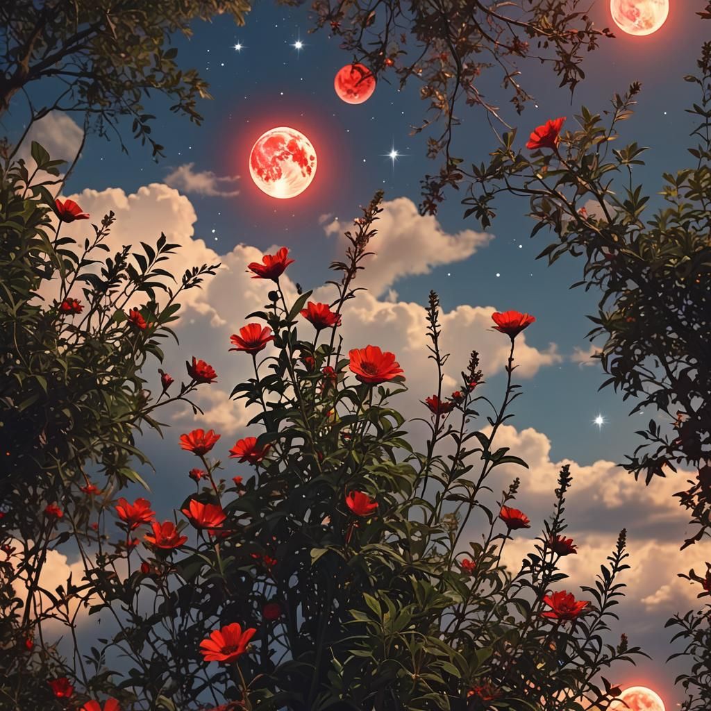 Red Moon and Falling Stars Landscape