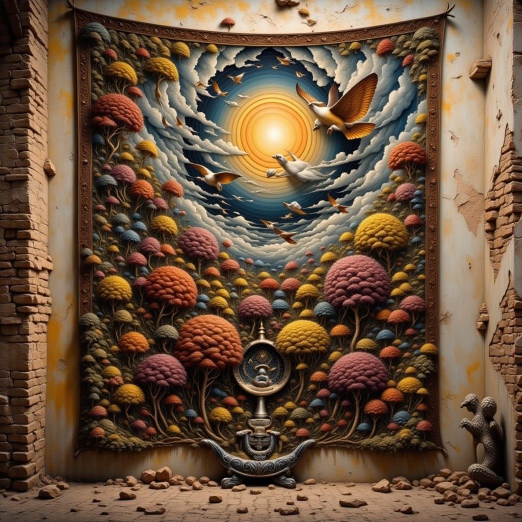Fragmented tapestry hanging on an ancient wall. surreal distressed <lora:Paintings Flux:1.0><lora:TBTed:1.0>