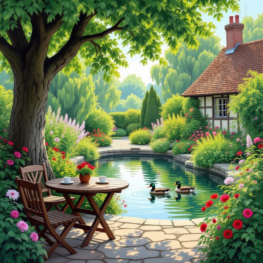 Medieval Garden with Ducks, Whimsical Art Style