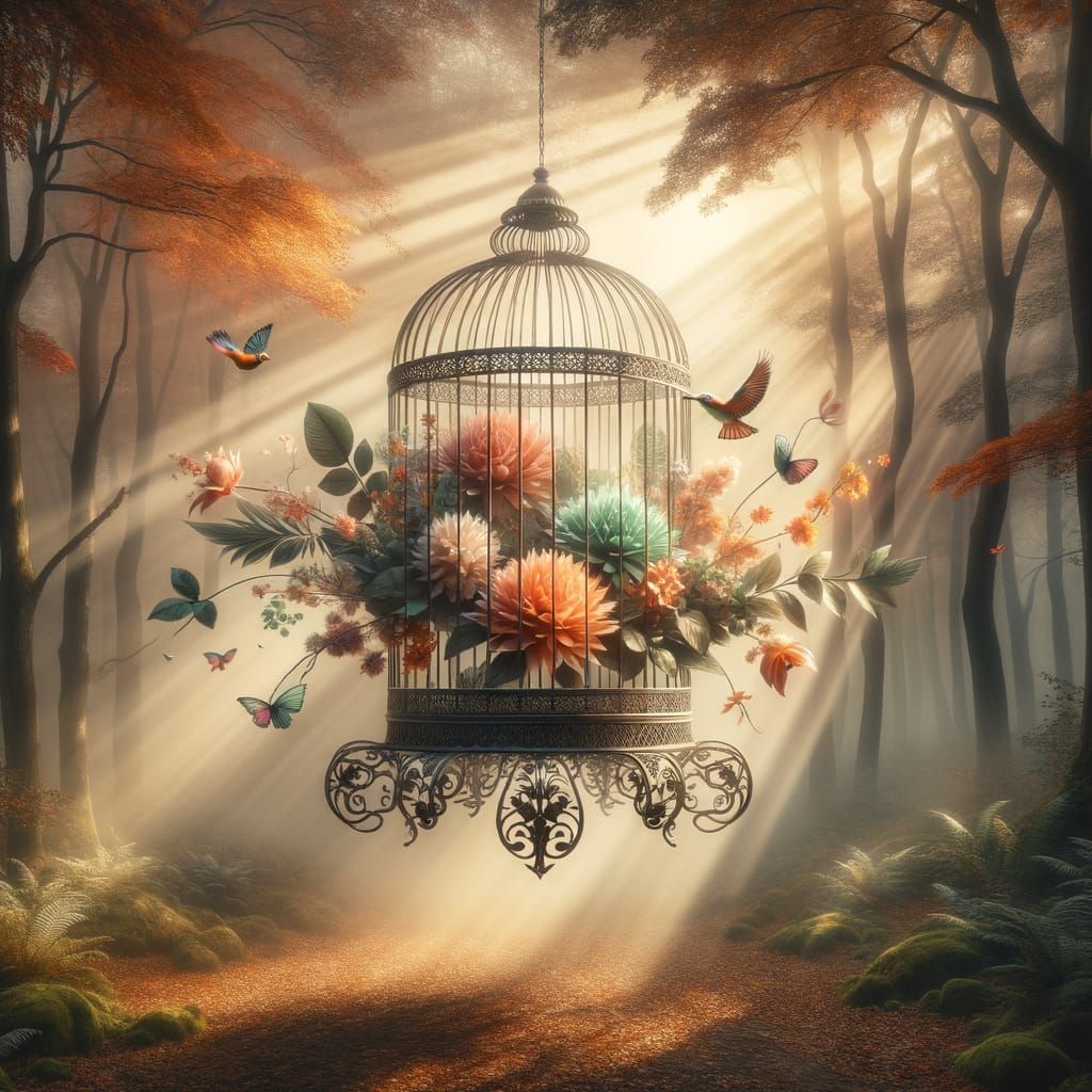 Antique Birdcage Levitating Over Autumn Forest
