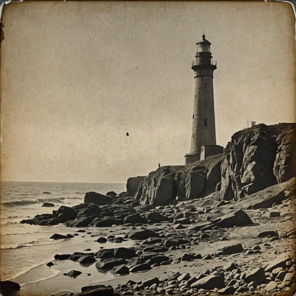 Vintage Lighthouse on Rocky Beach with Shadows
