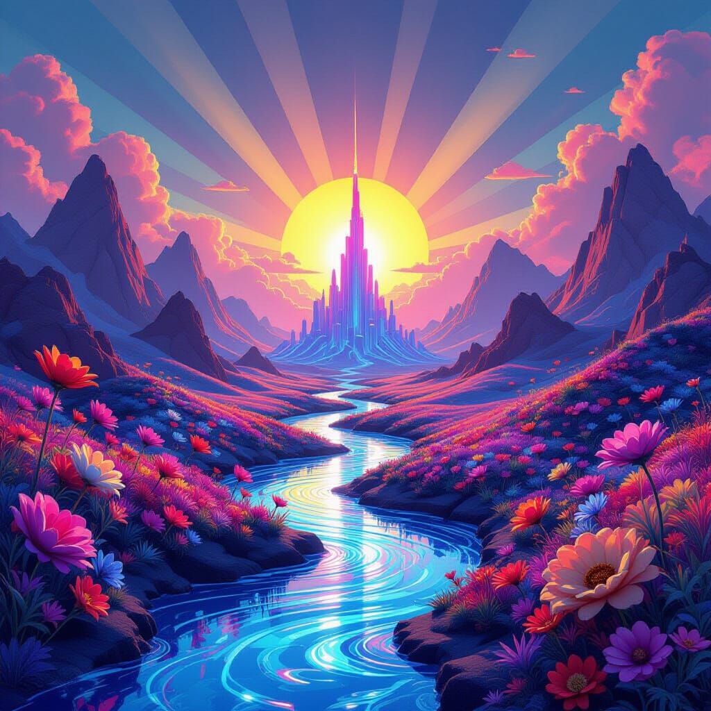 Abstract Dreamscape with Liquid Light Rivers and Geometric F...