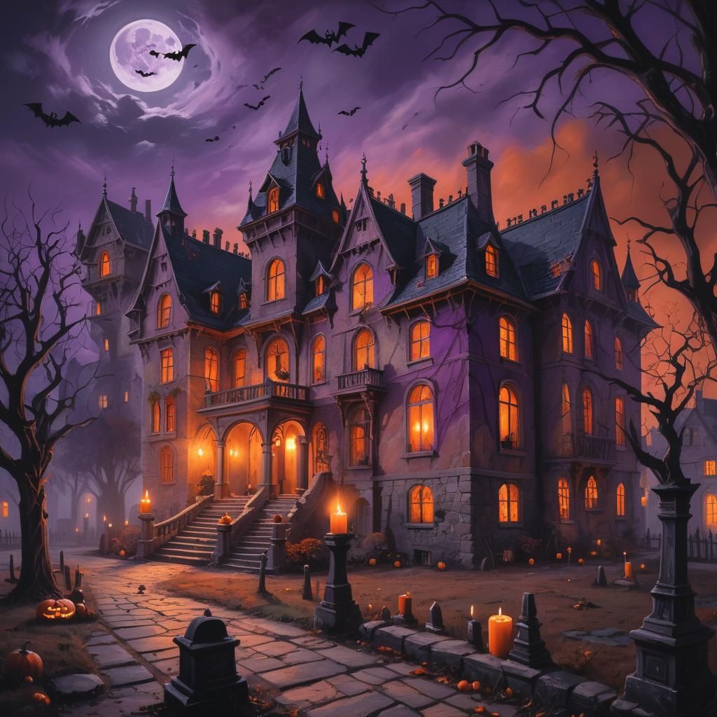 Halloween Village Square in Gothic Oil Painting Style