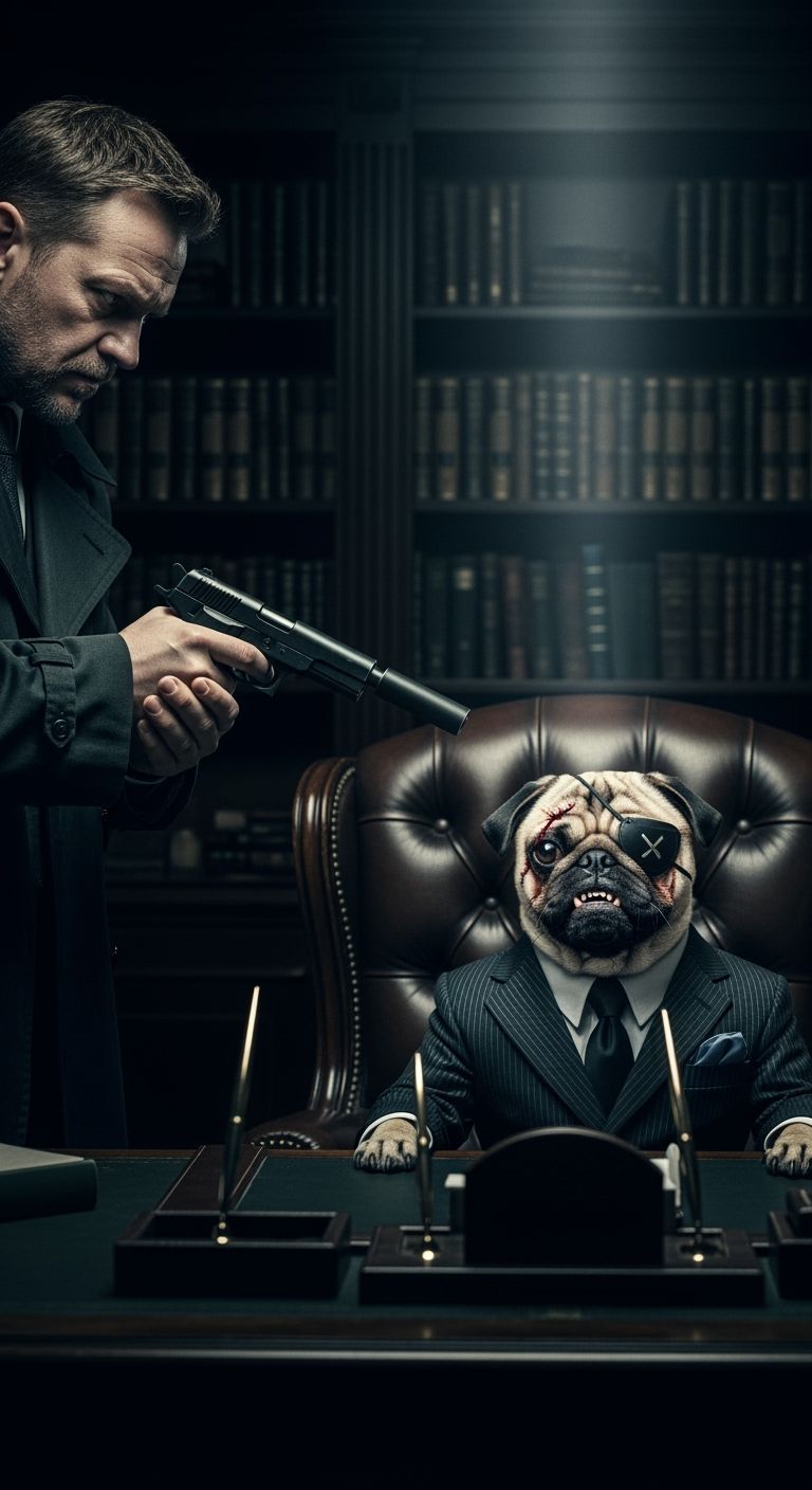 KGB Assassin Confronts Pug Terror Leader: Cinematic Still