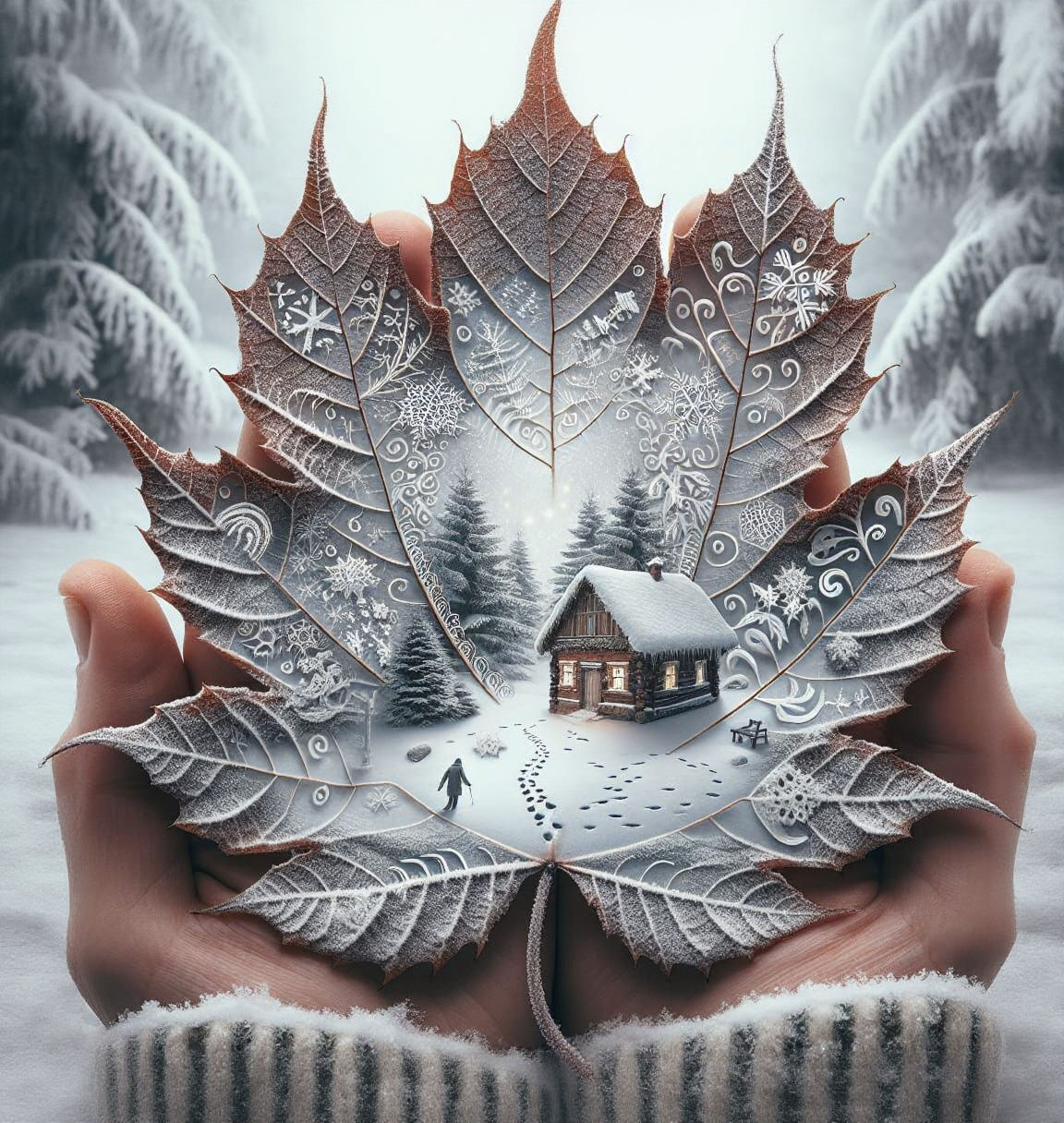 Dreamy Winter Scene with Large Chestnut Leaf and Snowy Cotta...