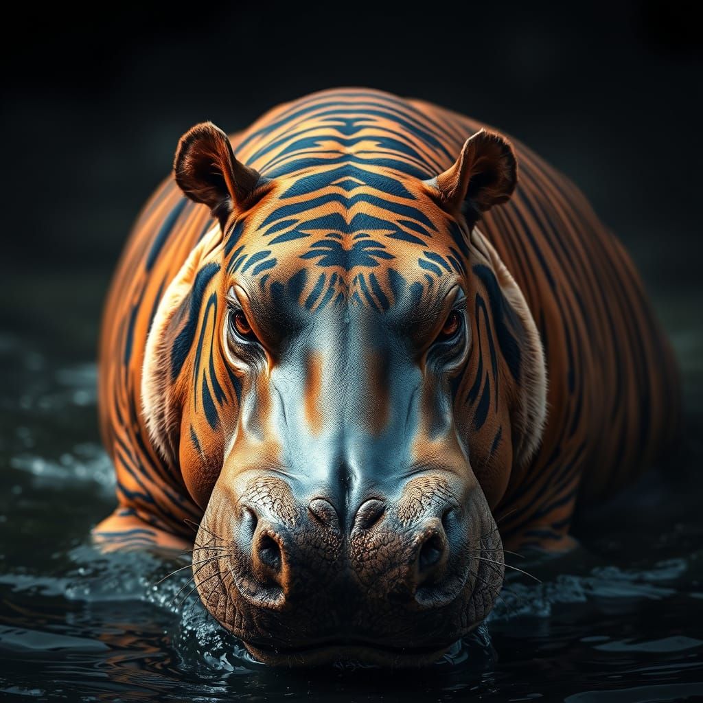 Hippopotamus in Tiger-Inspired Artwork