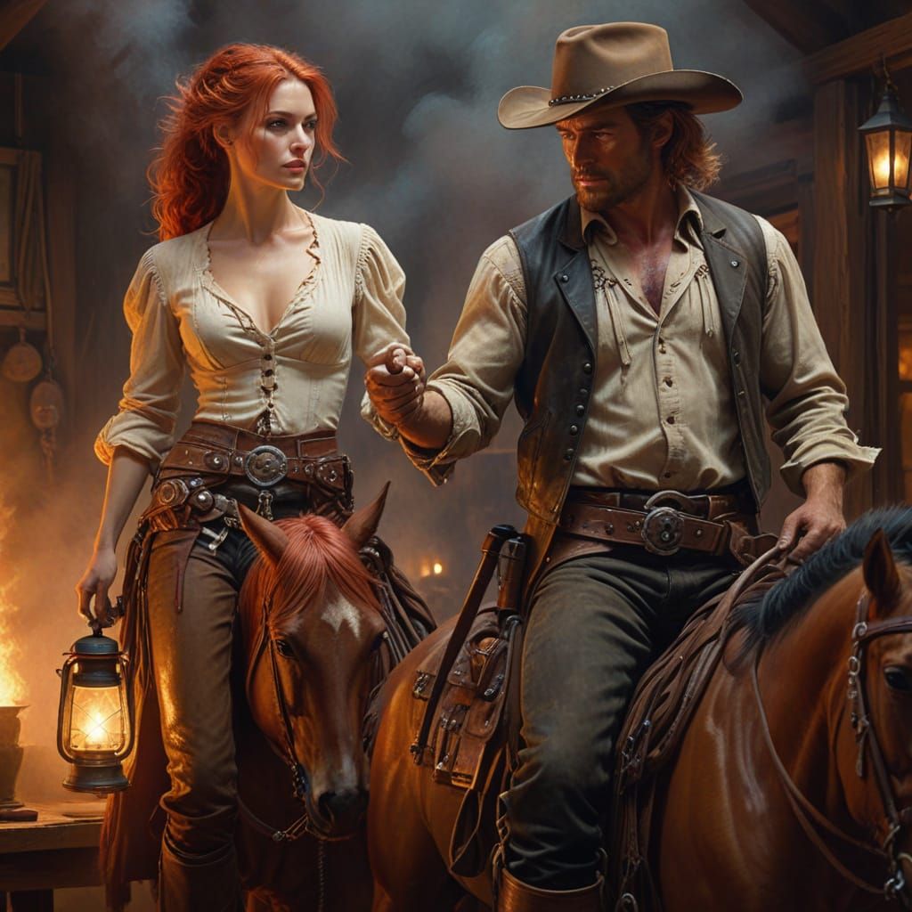 Cowgirl Bounty Hunter Meeting in Saloon, Oil Painting