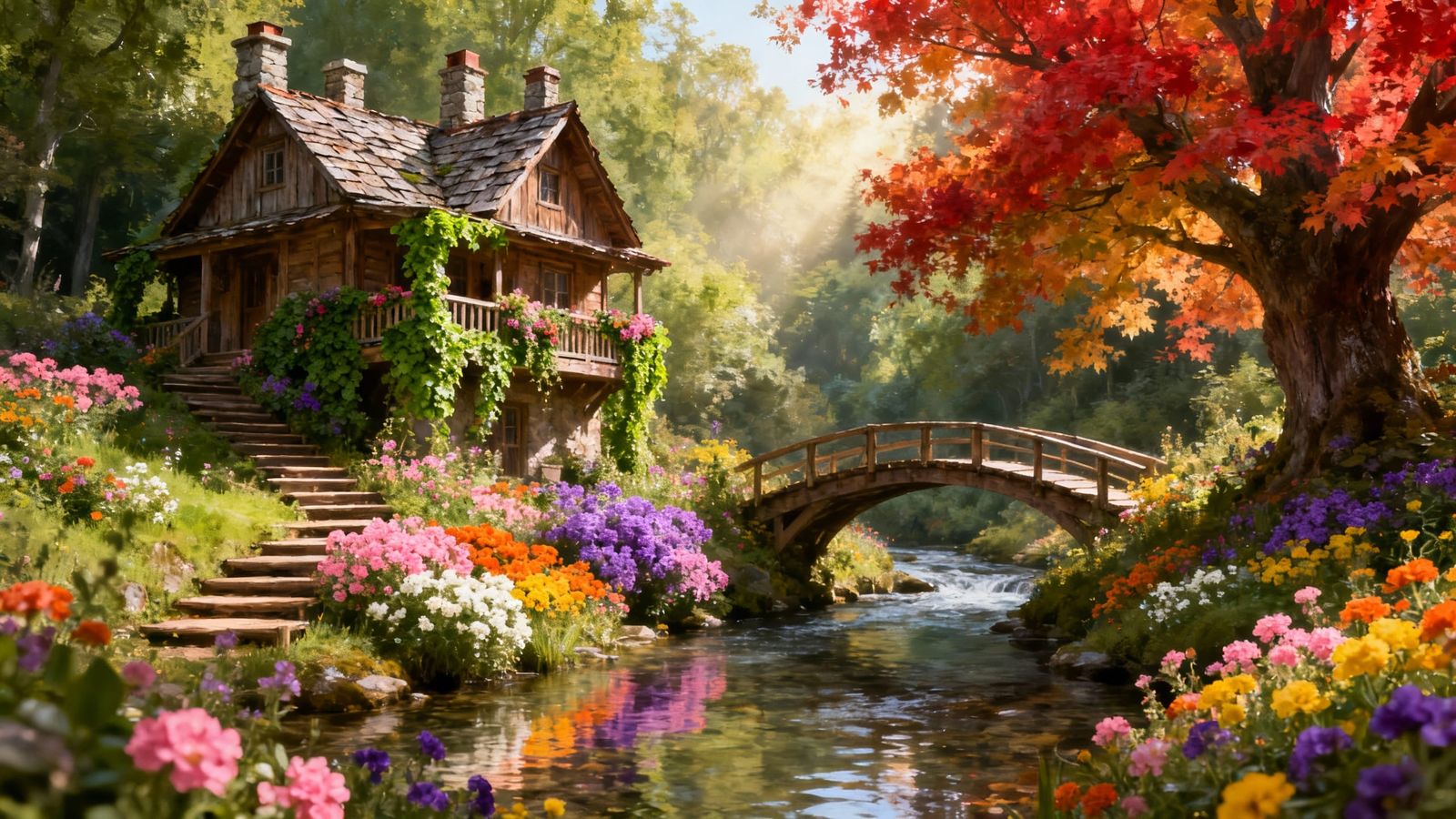 Enchanted Cottage in Luminous Autumn Forest