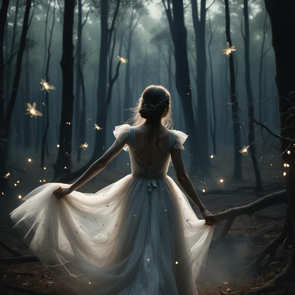 Woman in White Dress in Dark Forest