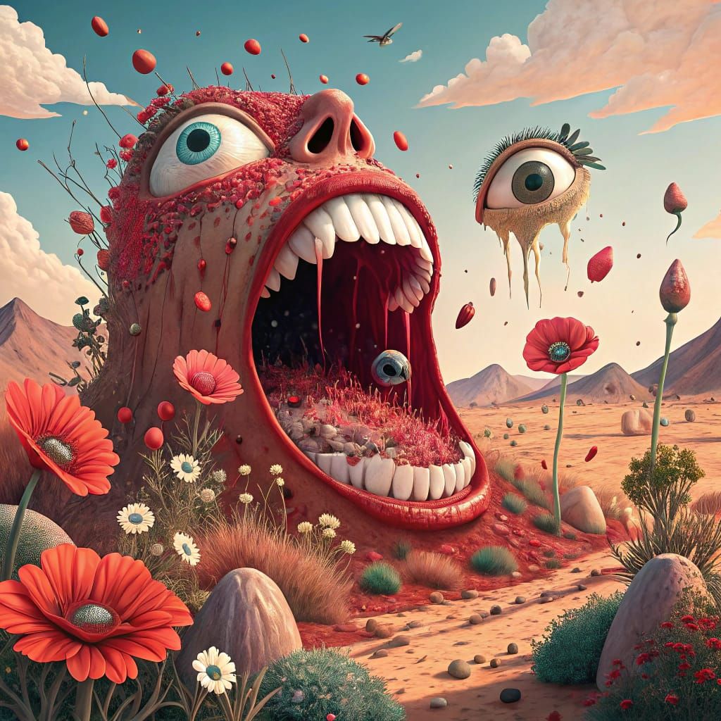 Surreal Desert Mouth with Flying Eyes