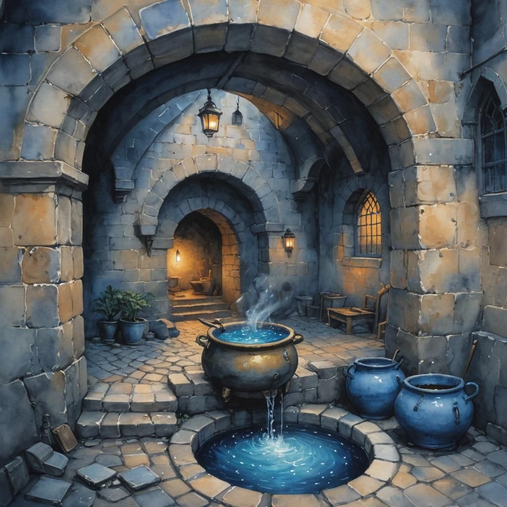Mystical Dungeon Cauldron in Ink Wash Style