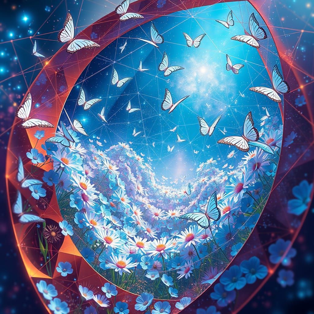 Blue Flowers and White Butterflies in Surreal Space