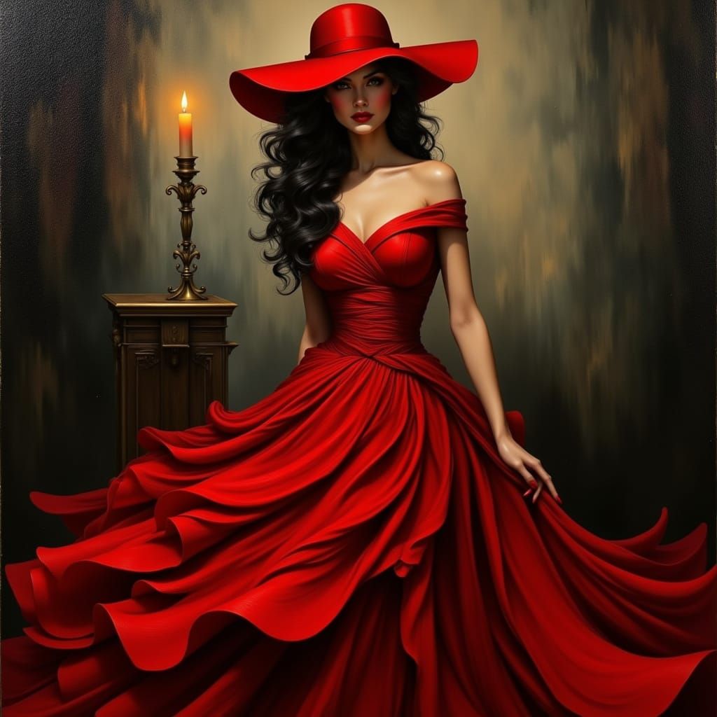 Mysterious Woman in Red Dress Oil Painting