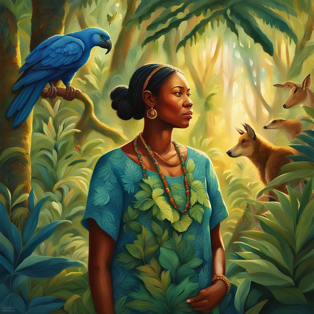 Arawak Woman in Lush Forest: Impressionistic Tropical Scene