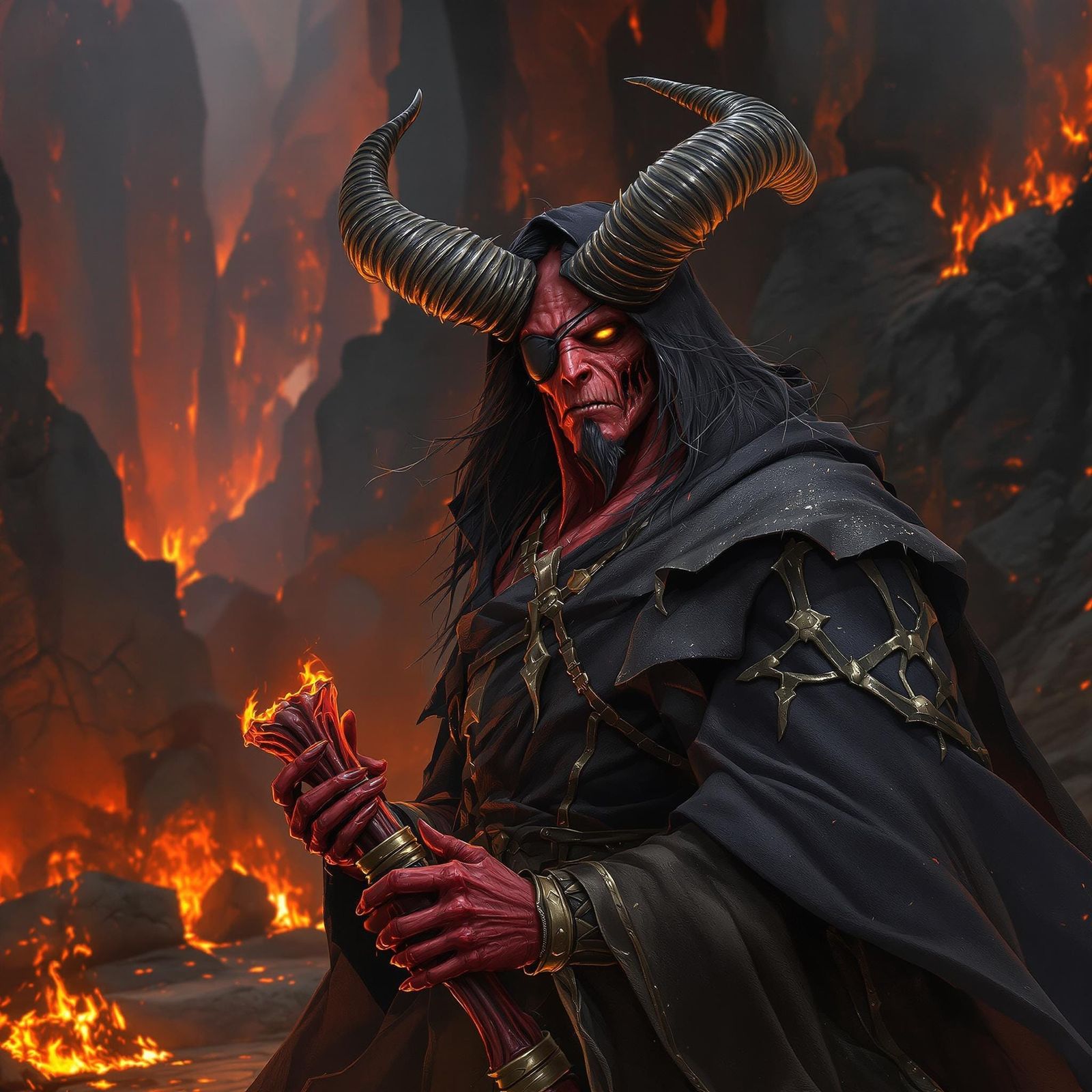 Blood-Red Skinned Wizard Stands Amidst Smoldering Hellscape