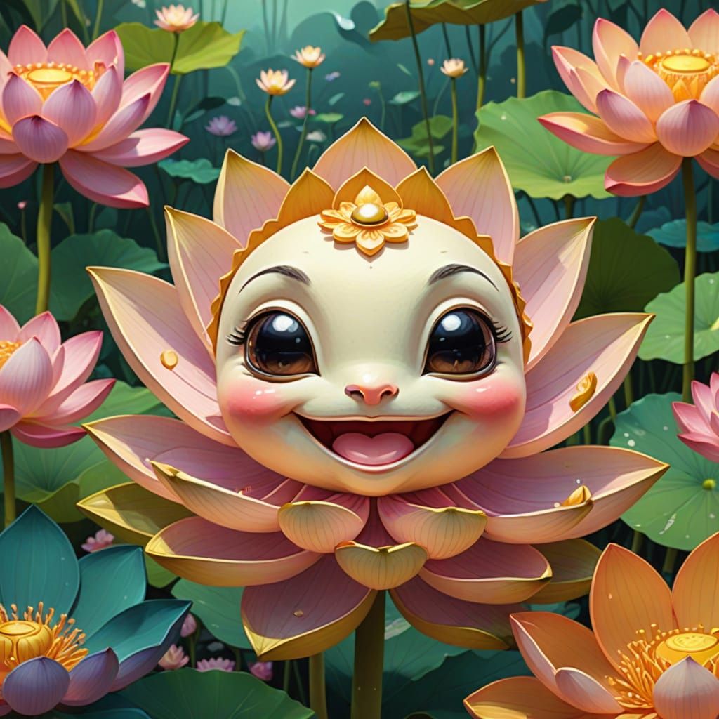 Whimsical Cartoon Lotus Creature in a Vibrant Garden
