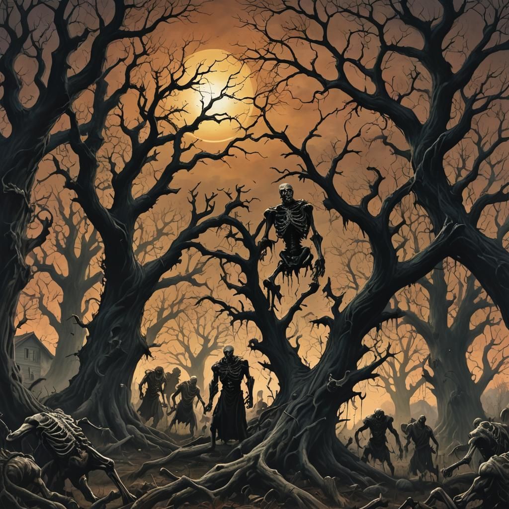 Dark Fantasy Zombies Feast in Ominous Oil Painting