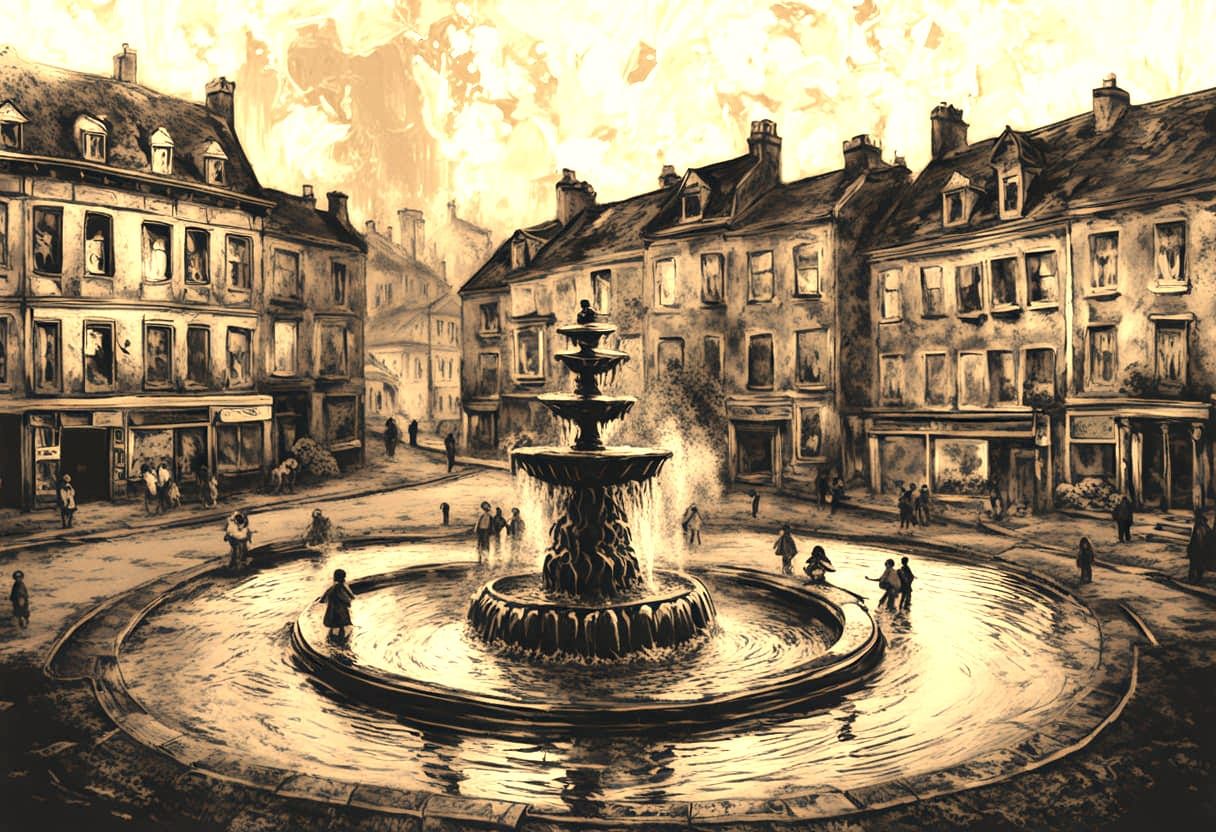 Children Playing in Victorian Fountain, Tempera Style