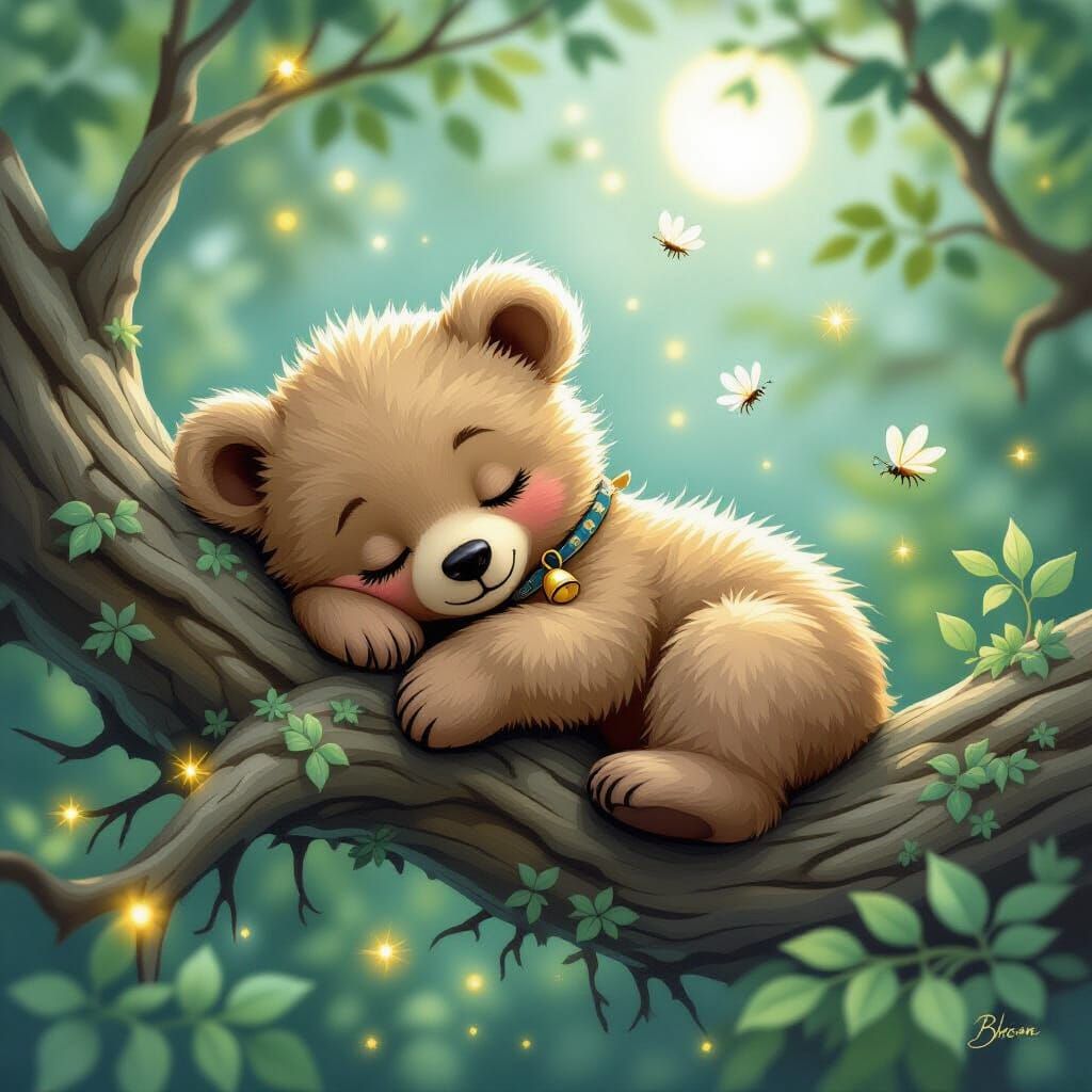 Miniature Bear Cub's Forest Night Dream