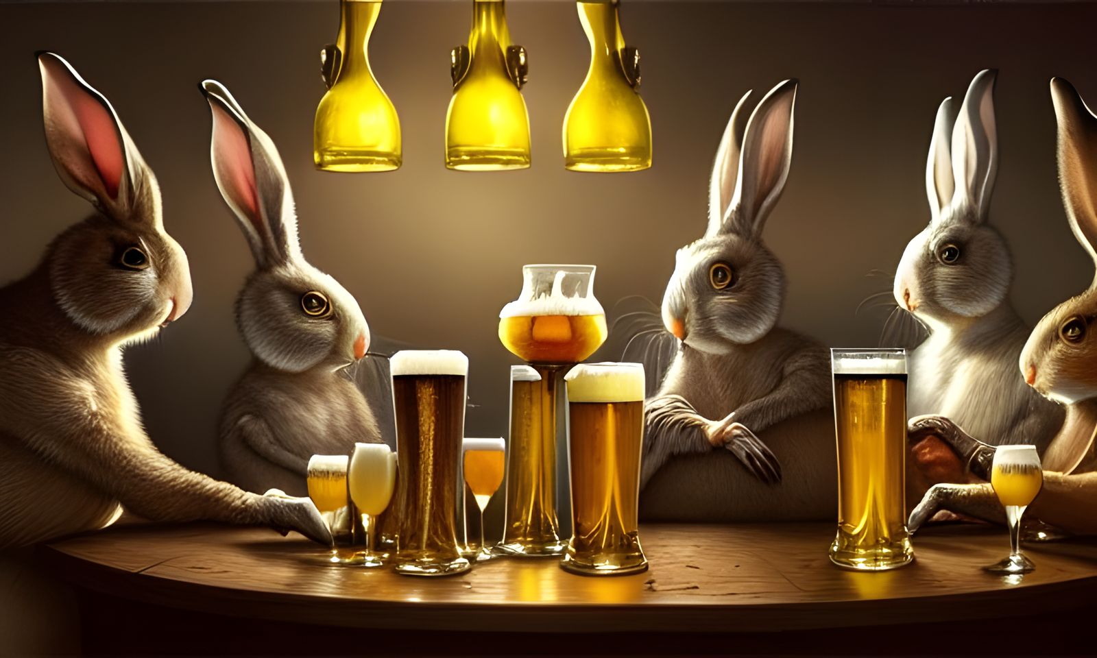 Anthropomorphic Rabbits Enjoying Beers in Ornate Bar