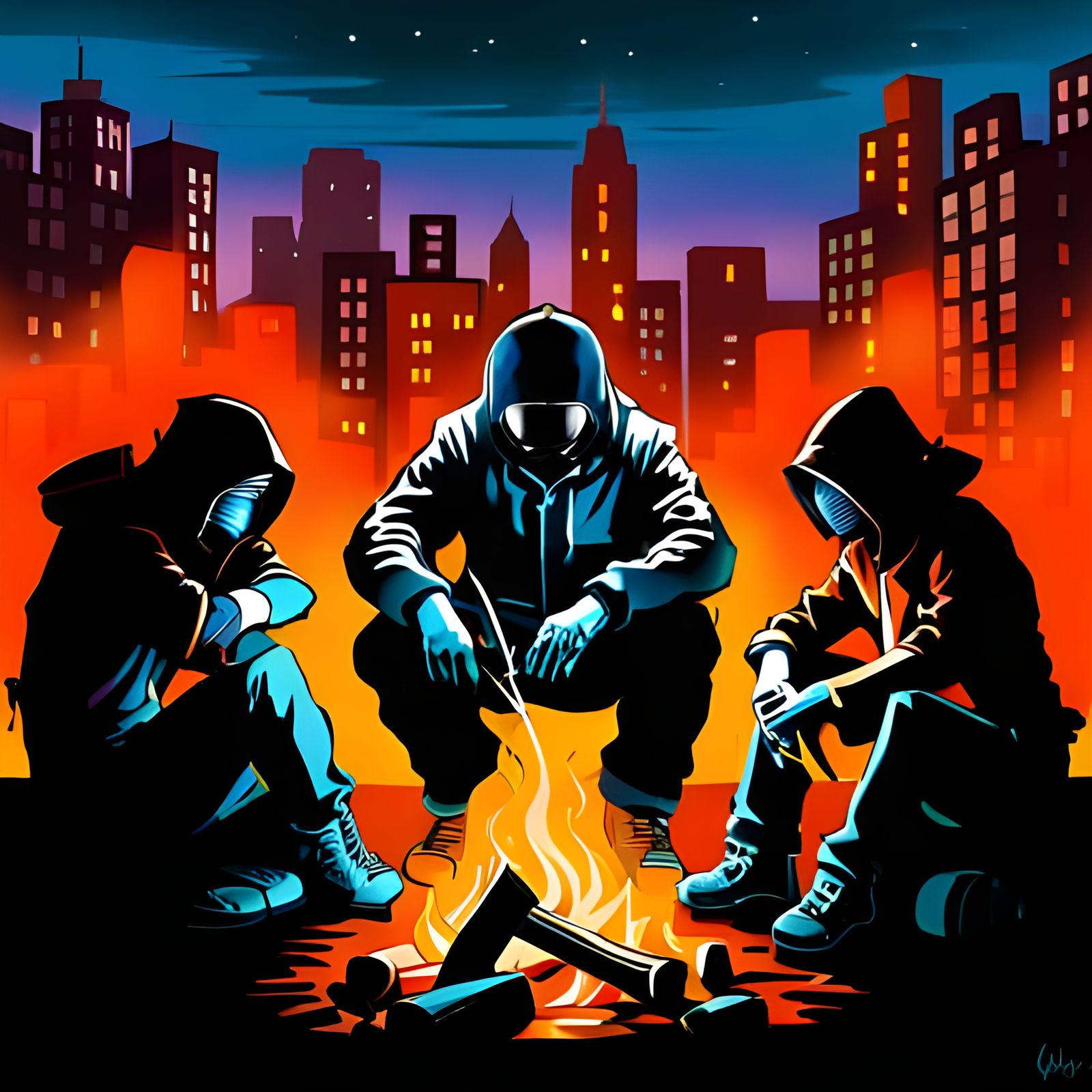 Sci-Fi Fantasy Silhouette by Campfire in Graffiti Style