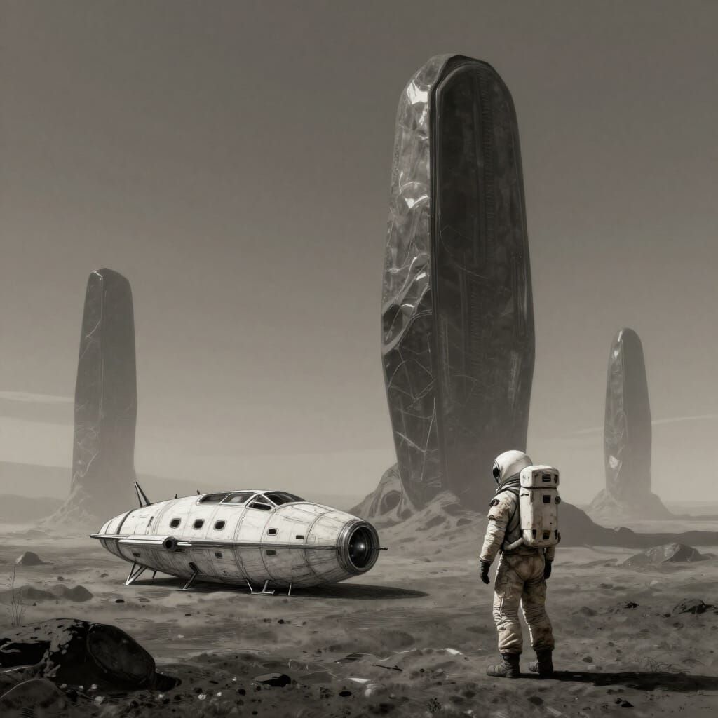 Astronaut Explores Alien Planet with Obsidian Monoliths